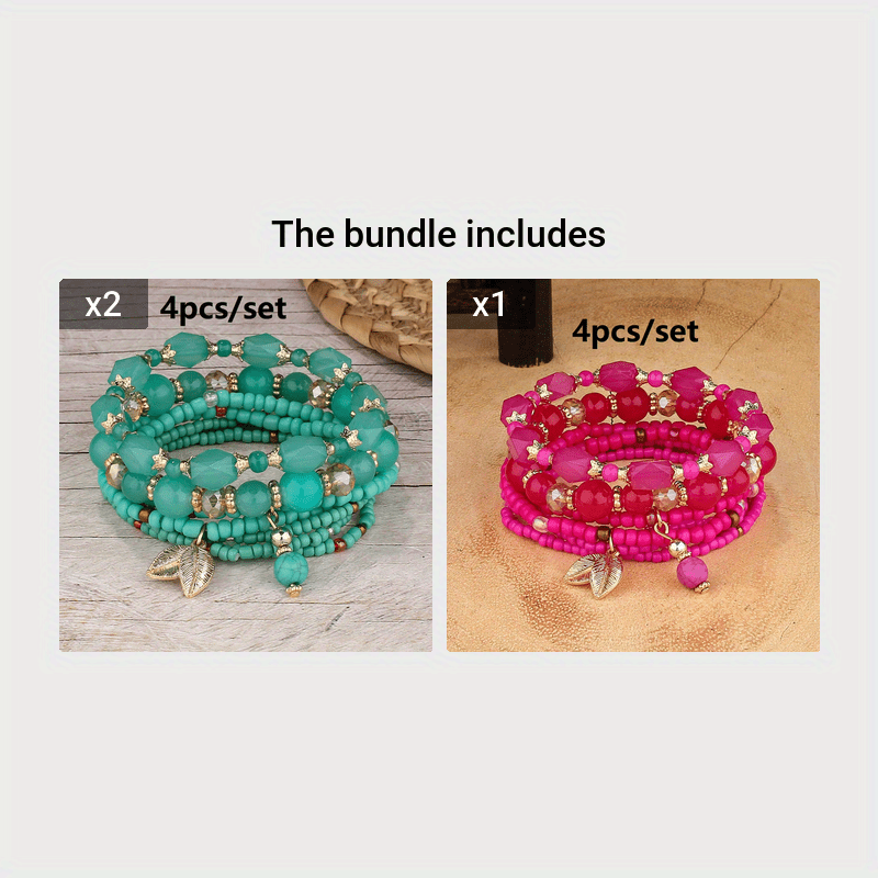 4pcs Rustic Bohemian Leaf Pendant Mens Bracelet Set - Stylish Vacation Jewelry with Adjustable Strings, Handmade Uniqueness for Trendsetters