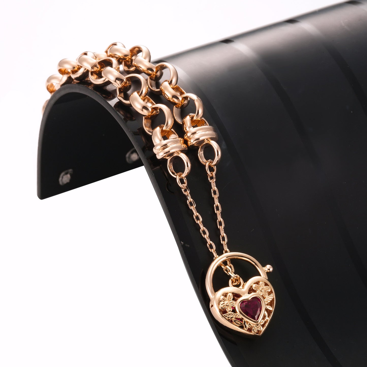 18ct Heavy Rose Gold Plated 10mm Belcher Chain Bracelet with a Filigree Locket Featuring a Simulated Ruby - USA Made-2