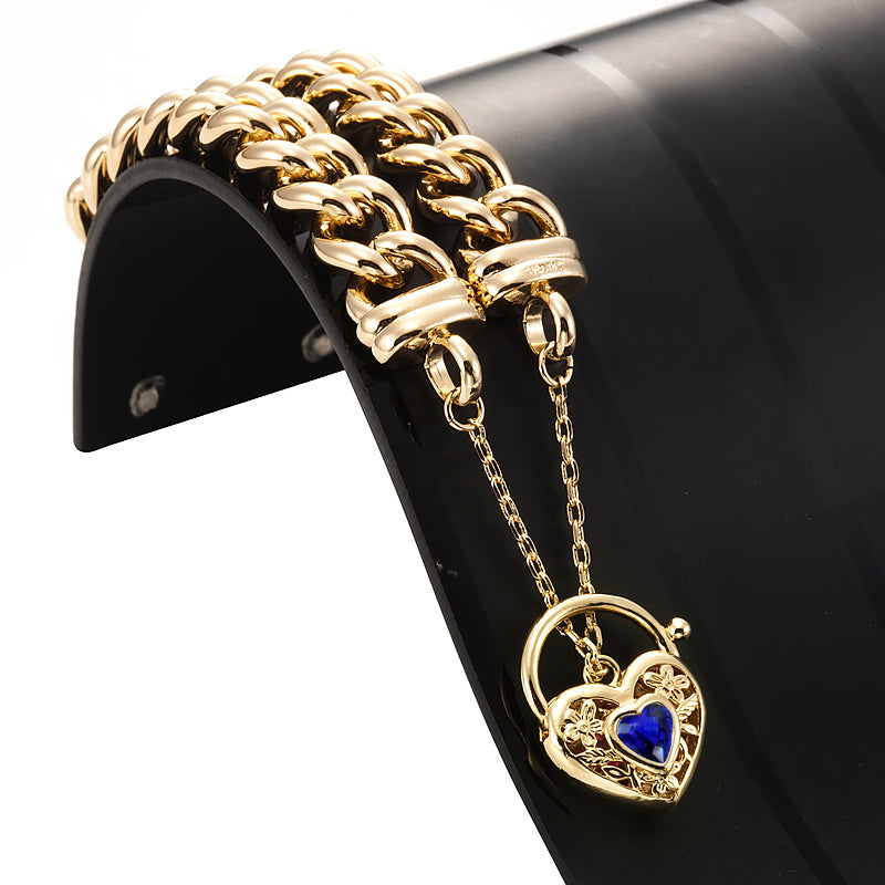 18ct Heavy Yellow Gold Plated 12mm Euro Curb Chain Bracelet with a Dark Blue Filigree Locket - USA Made-2