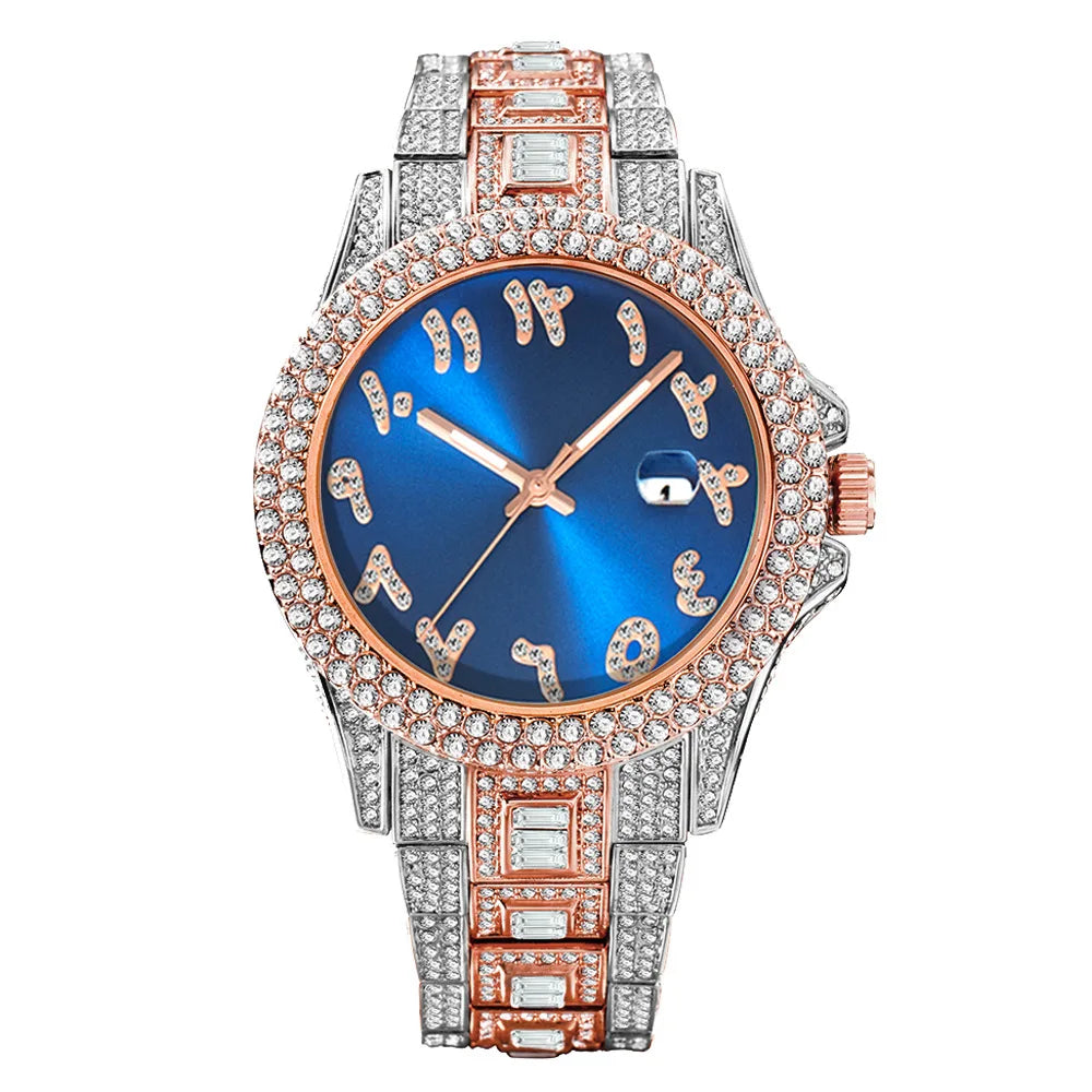 Top Diamond Watch for Men Luxury Hip Hop Blue Dial Arabic Numerals Watches Unique Bling Ice Out Luminous Waterproof Clock