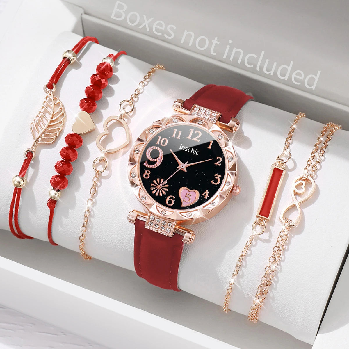 6PCS/Set Fashion Heart Dial Women's Watch Casual Leather Band Analog Quartz Watch Leaf Bracelets Set(Without Box)
