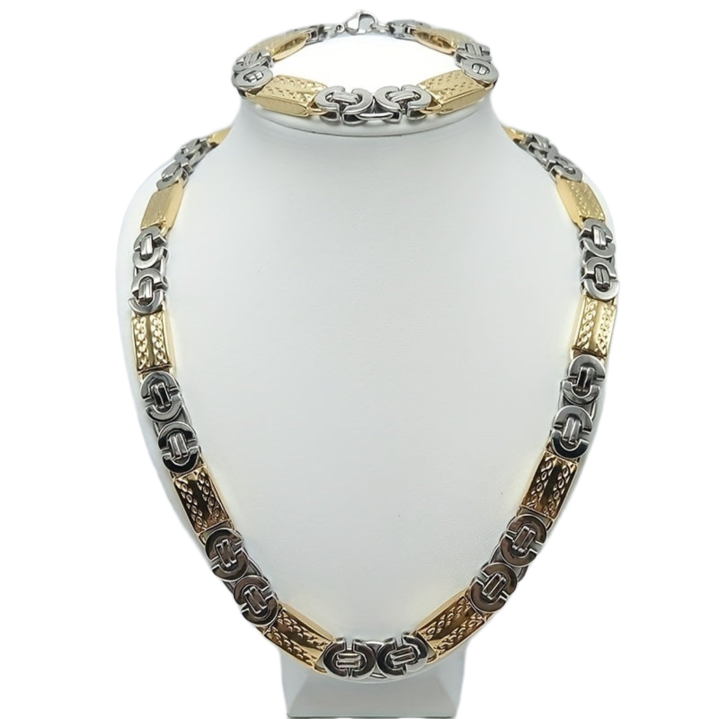 11MM Wide Men's Stainless Steel Necklace with Gold Plated Bracelet Set Elegant 18K Gold Choker Jewelry Gift for Men