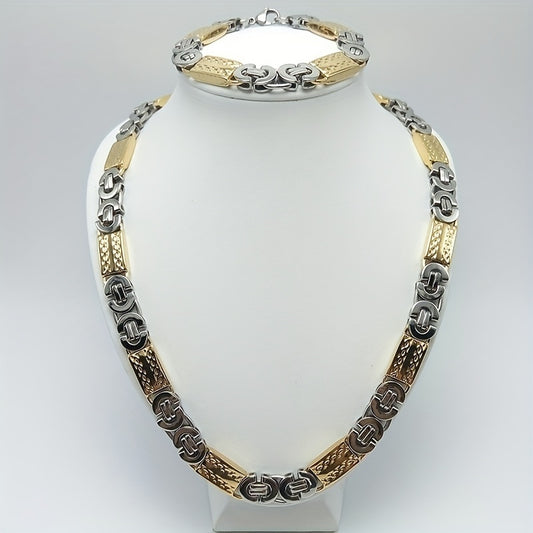 11MM Wide Men's Stainless Steel Necklace with Gold Plated Bracelet Set Elegant 18K Gold Choker Jewelry Gift for Men