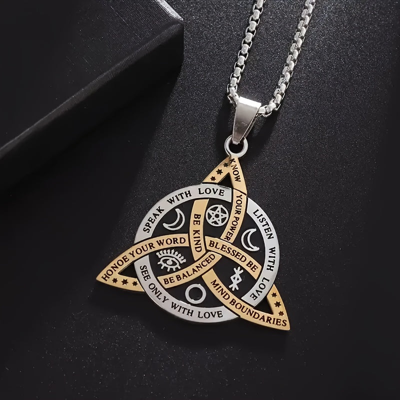 1pc Norse Viking Odin Trinity Pendant Necklace - Vintage Stainless Steel Amulet Jewelry for Men with Wooden Box