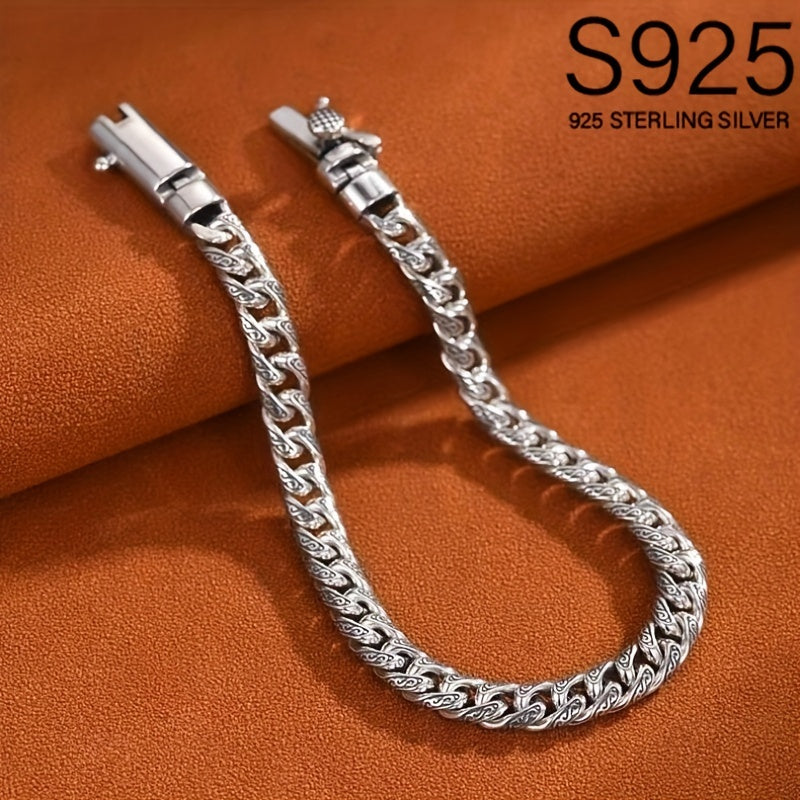 1pc S925 Silver Vintage Style Men's Bracelet, Cool Fashion Jewelry, Hip Hop Punk, Father's Day Gift