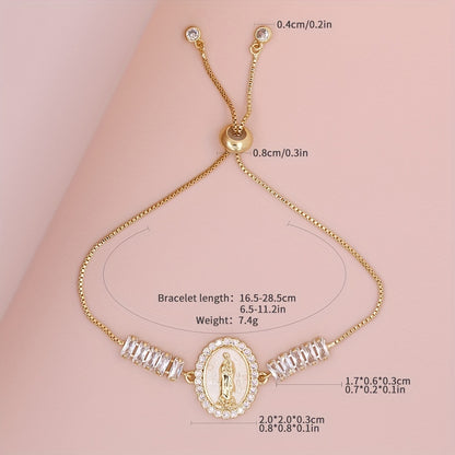 1pc Elegant White Shell Virgin Mary Adjustable Tennis Chain Link Bracelet for Men & Women, Christian Religious Round Jesus Virgin Mary Charms Jewelry