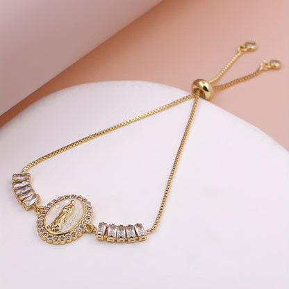 1pc Elegant White Shell Virgin Mary Adjustable Tennis Chain Link Bracelet for Men & Women, Christian Religious Round Jesus Virgin Mary Charms Jewelry