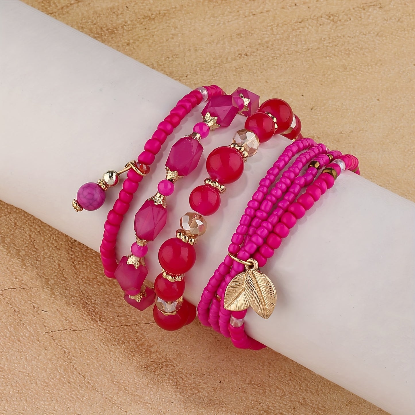 4pcs Rustic Bohemian Leaf Pendant Mens Bracelet Set - Stylish Vacation Jewelry with Adjustable Strings, Handmade Uniqueness for Trendsetters