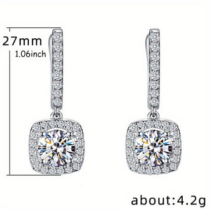 Luxurious Square Shaped Zirconia Dangle Earrings - Hoop - Sterling 925 Silver, Shiny, Luxury Style, Banquet Party, Decorative Ear Jewelry with High-Quality Ornament
