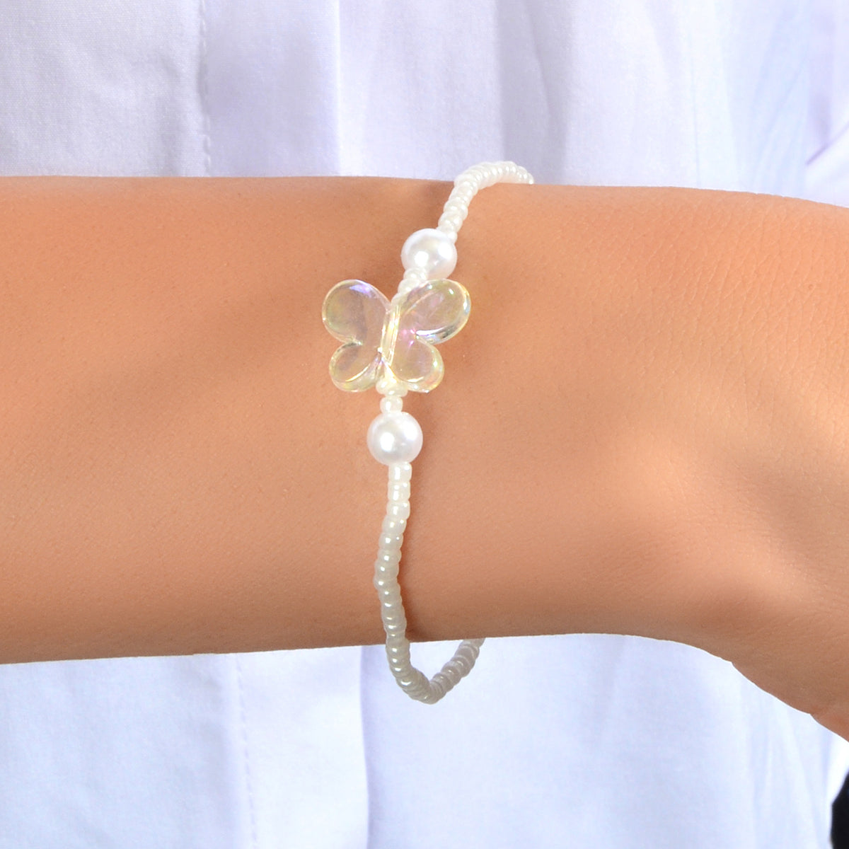 Ladies Jewellery Butterfly Decor Pearl Beads Retro Style Elastic Bracelet Bangle-1