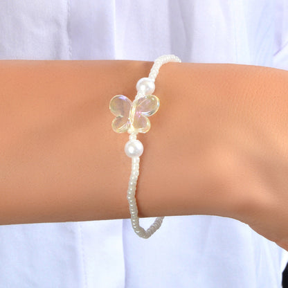 Ladies Jewellery Butterfly Decor Pearl Beads Retro Style Elastic Bracelet Bangle-1