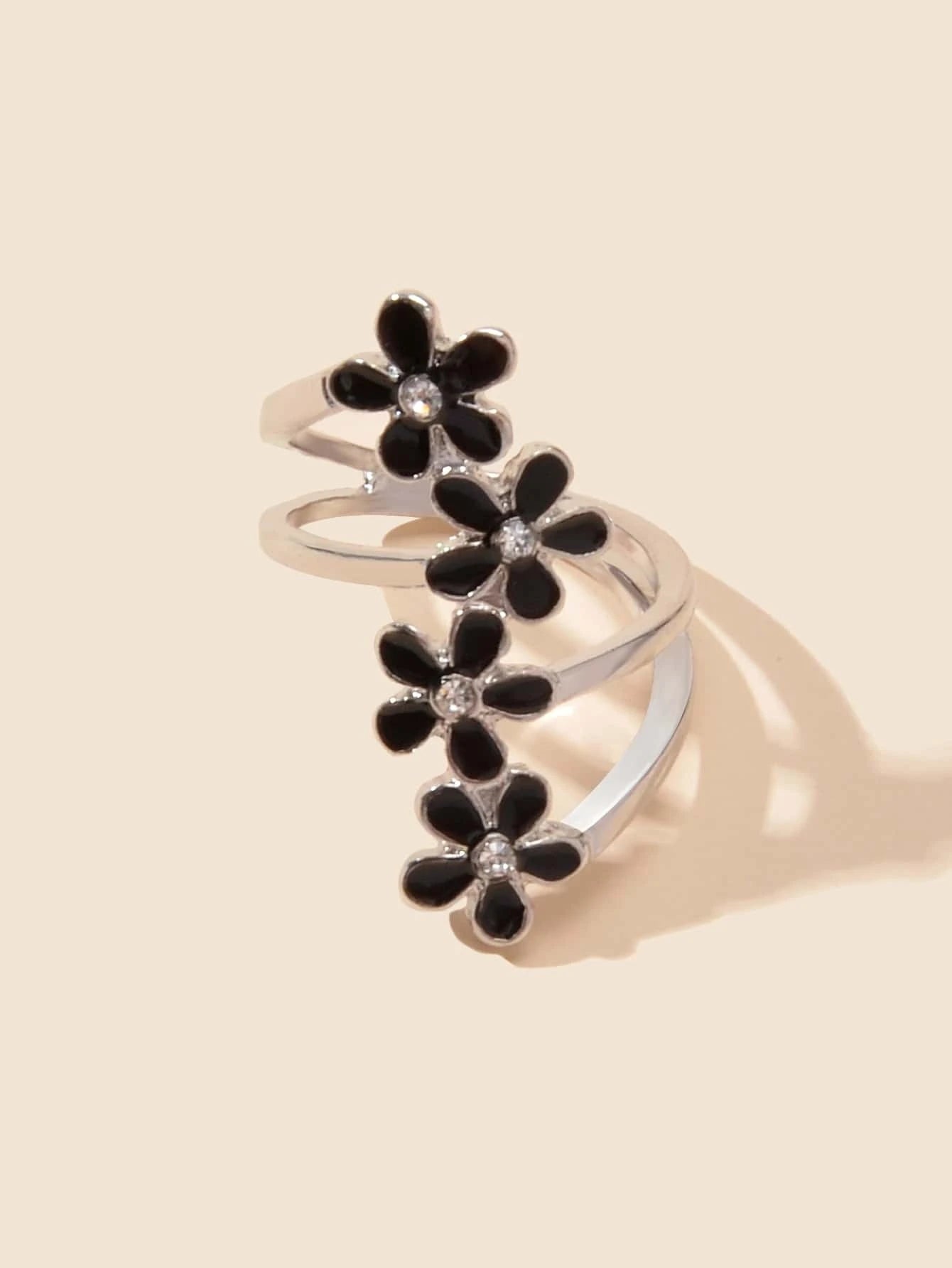 Elegant Jewelry Green Black Enamel Flower Finger Ring Wedding Band Comfort Ring-4