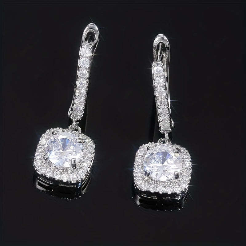 Luxurious Square Shaped Zirconia Dangle Earrings - Hoop - Sterling 925 Silver, Shiny, Luxury Style, Banquet Party, Decorative Ear Jewelry with High-Quality Ornament