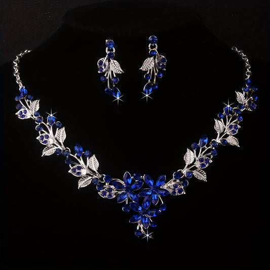 Hypnotic Royal Blue Leaf Flower Rhinestone Jewelry Set - Bridal Wedding Accessories for Glamorous Brides - Stage-Ready Elegance with Sparkling Necklace and Earring Set