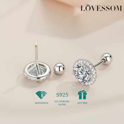 Sterling 925 Silver Round Moissanite Decor Stud Earrings - Elegant Simple Delicate Female Gift with Sparkling Accent - Hypoallergenic, Nickel-Free, and Durable Jewelry for Women