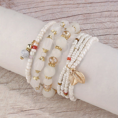 4pcs Rustic Bohemian Leaf Pendant Mens Bracelet Set - Stylish Vacation Jewelry with Adjustable Strings, Handmade Uniqueness for Trendsetters