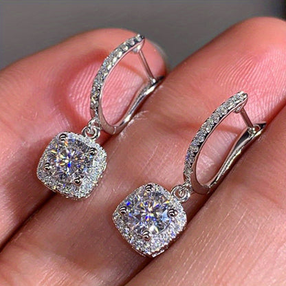 Luxurious Square Shaped Zirconia Dangle Earrings - Hoop - Sterling 925 Silver, Shiny, Luxury Style, Banquet Party, Decorative Ear Jewelry with High-Quality Ornament