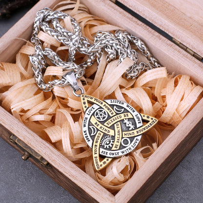 1pc Norse Viking Odin Trinity Pendant Necklace - Vintage Stainless Steel Amulet Jewelry for Men with Wooden Box
