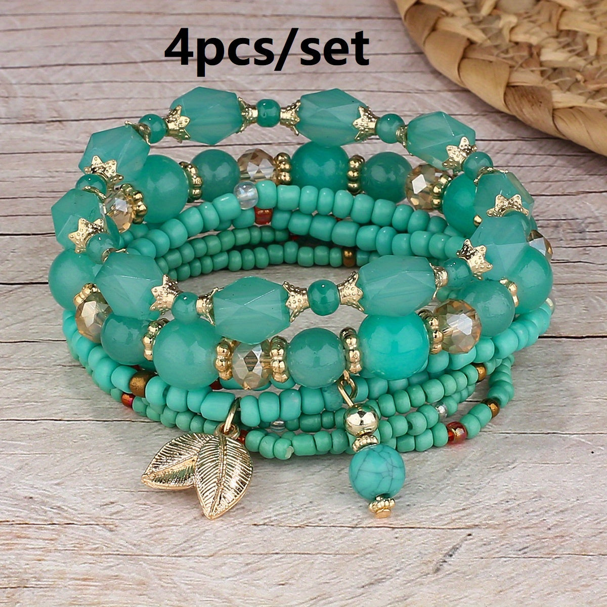 4pcs Rustic Bohemian Leaf Pendant Mens Bracelet Set - Stylish Vacation Jewelry with Adjustable Strings, Handmade Uniqueness for Trendsetters