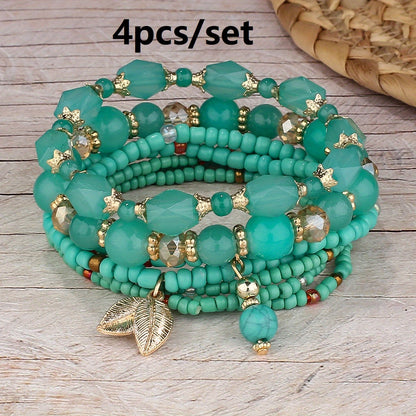 4pcs Rustic Bohemian Leaf Pendant Mens Bracelet Set - Stylish Vacation Jewelry with Adjustable Strings, Handmade Uniqueness for Trendsetters