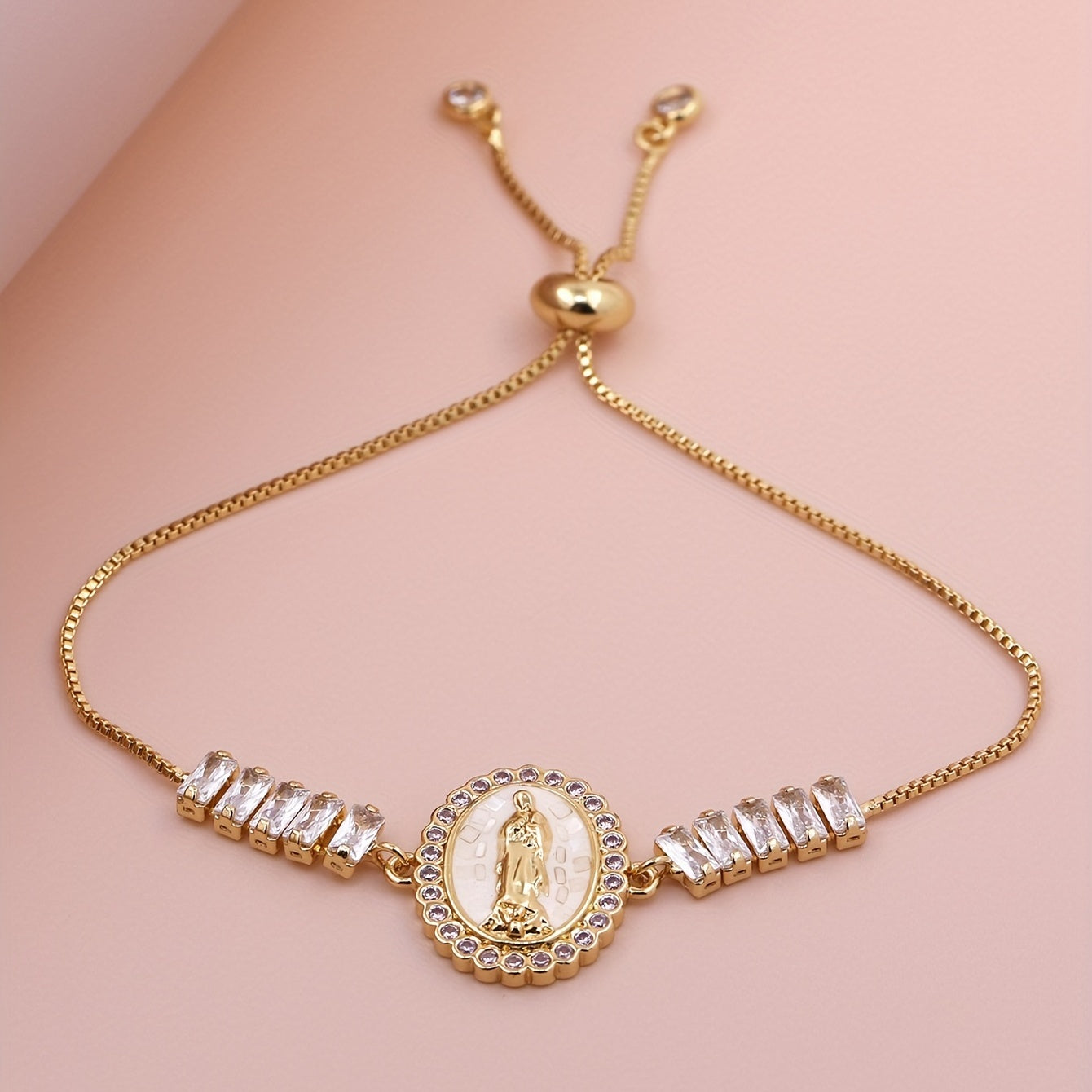 1pc Elegant White Shell Virgin Mary Adjustable Tennis Chain Link Bracelet for Men & Women, Christian Religious Round Jesus Virgin Mary Charms Jewelry