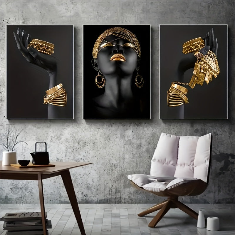 3-Piece Golden Jewelry Canvas Print Set - Elegant Wall Art for Modern Home Decor, Sophisticated Unframed Paintings for Living Spaces - High-Quality, Easy Install