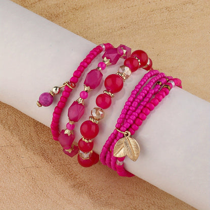 4pcs Rustic Bohemian Leaf Pendant Mens Bracelet Set - Stylish Vacation Jewelry with Adjustable Strings, Handmade Uniqueness for Trendsetters