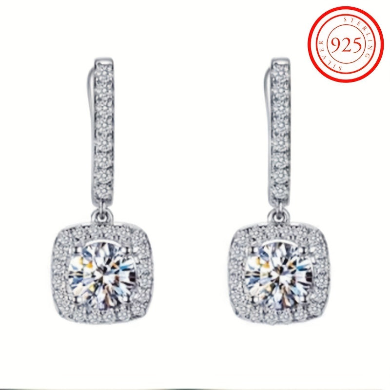 Luxurious Square Shaped Zirconia Dangle Earrings - Hoop - Sterling 925 Silver, Shiny, Luxury Style, Banquet Party, Decorative Ear Jewelry with High-Quality Ornament