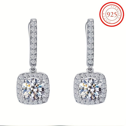 Luxurious Square Shaped Zirconia Dangle Earrings - Hoop - Sterling 925 Silver, Shiny, Luxury Style, Banquet Party, Decorative Ear Jewelry with High-Quality Ornament