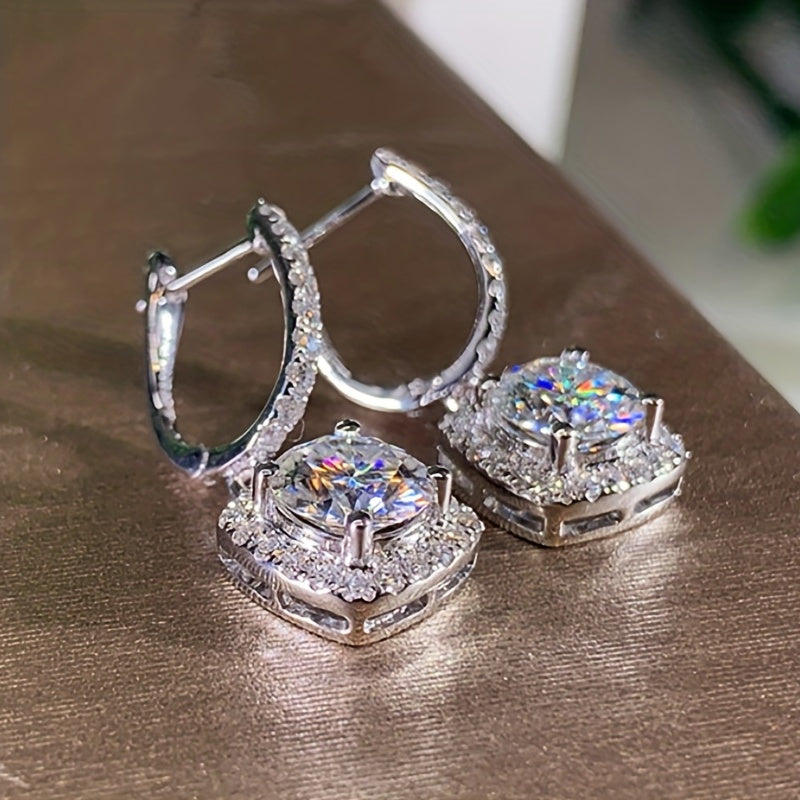 Luxurious Square Shaped Zirconia Dangle Earrings - Hoop - Sterling 925 Silver, Shiny, Luxury Style, Banquet Party, Decorative Ear Jewelry with High-Quality Ornament