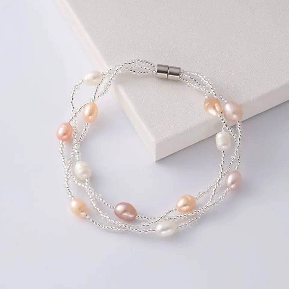 Genuine Pink, Purple & White Freshwater Pearl Multilayer Mini Bead Bracelet