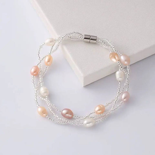 Genuine Pink, Purple & White Freshwater Pearl Multilayer Mini Bead Bracelet