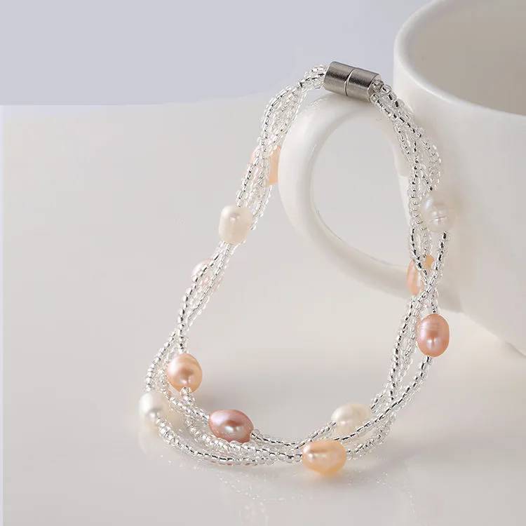 Genuine Pink, Purple & White Freshwater Pearl Multilayer Mini Bead Bracelet