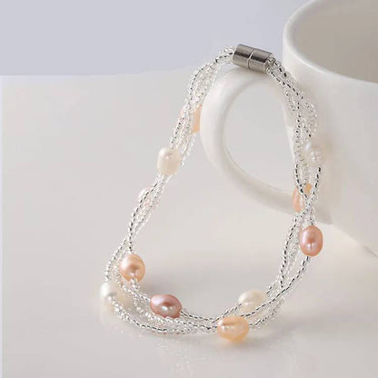 Genuine Pink, Purple & White Freshwater Pearl Multilayer Mini Bead Bracelet