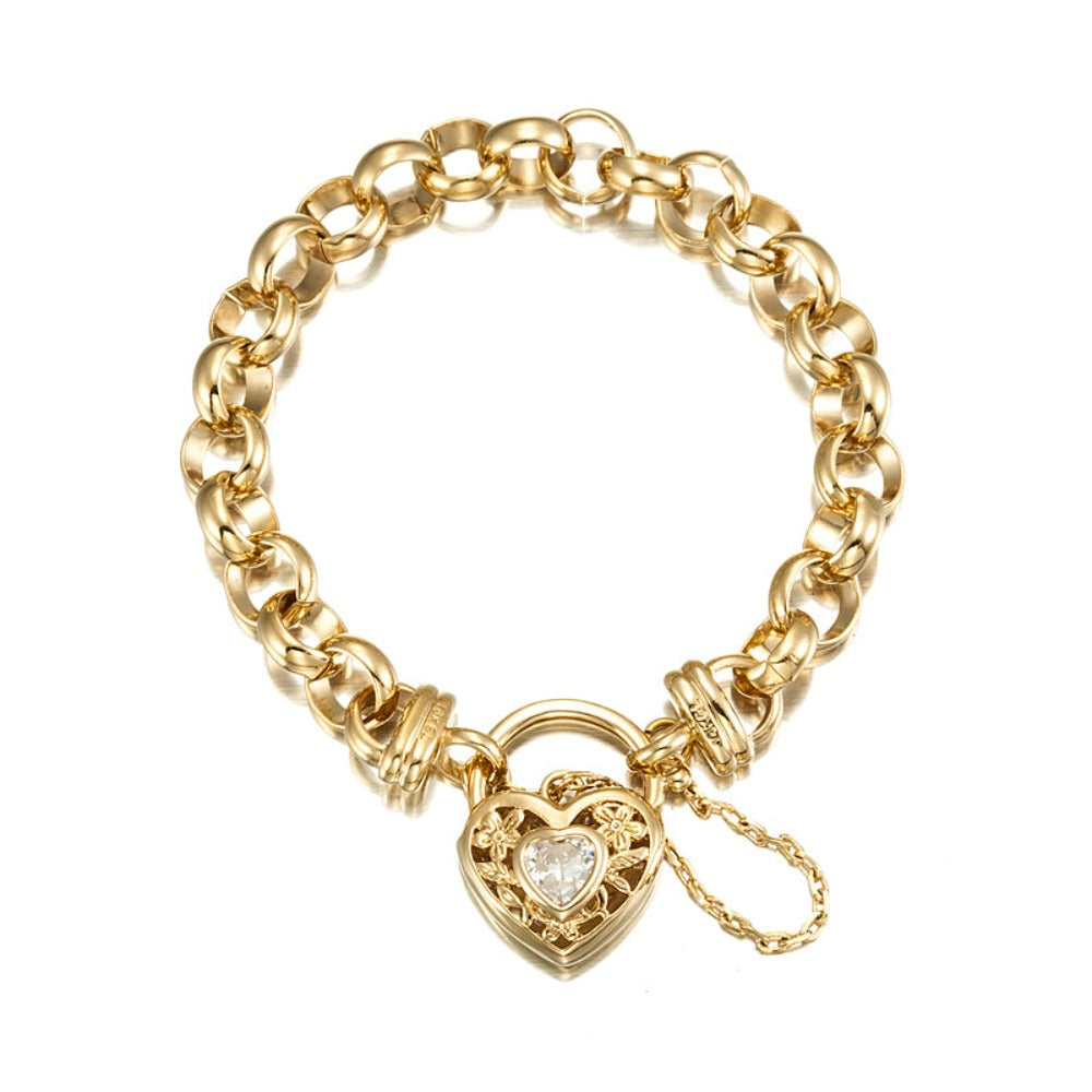 18ct Heavy Yellow Gold Plated Belcher Chain Bracelet with a Filigree Locket Featuring a Simulated Diamond - USA Made-1