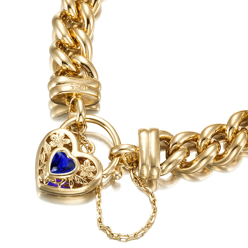 18ct Heavy Yellow Gold Plated 12mm Euro Curb Chain Bracelet with a Dark Blue Filigree Locket - USA Made-1