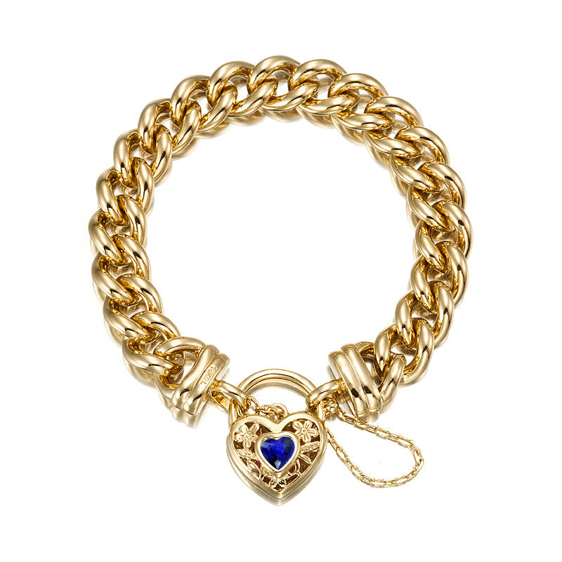 18ct Heavy Yellow Gold Plated 12mm Euro Curb Chain Bracelet with a Dark Blue Filigree Locket - USA Made-0