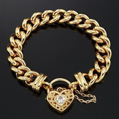 18ct Heavy Yellow Gold Plated 12mm Euro Curb Chain Bracelet with a Filigree Locket Featuring a Simulated Diamond - USA Made-4