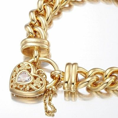 18ct Heavy Yellow Gold Plated 12mm Euro Curb Chain Bracelet with a Filigree Locket Featuring a Simulated Diamond - USA Made-0