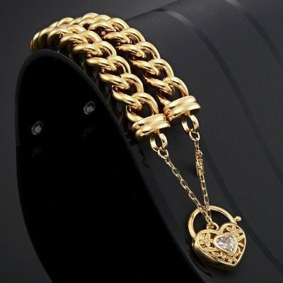 18ct Heavy Yellow Gold Plated 12mm Euro Curb Chain Bracelet with a Filigree Locket Featuring a Simulated Diamond - USA Made-1