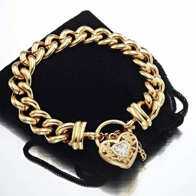 18ct Heavy Yellow Gold Plated 12mm Euro Curb Chain Bracelet with a Filigree Locket Featuring a Simulated Diamond - USA Made-3