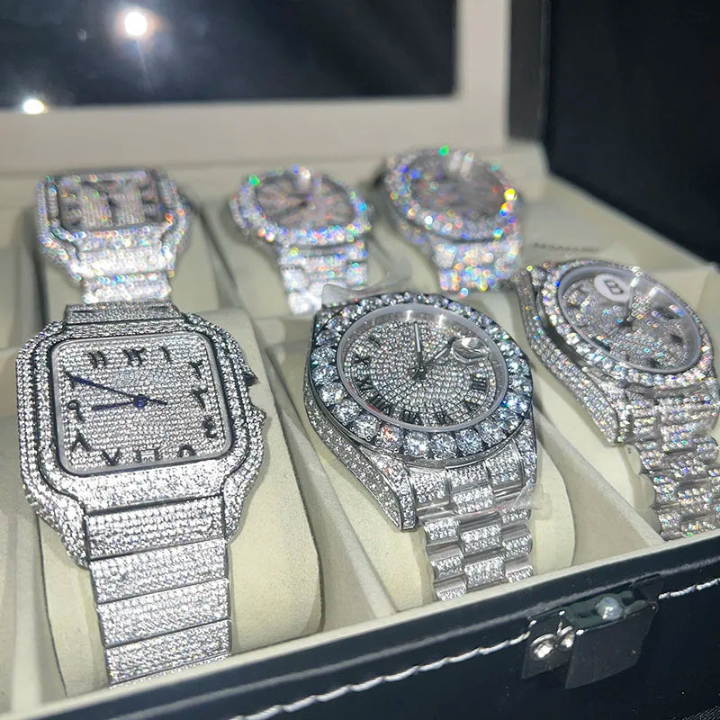 Premium Classic Sliver Moissanite Watch Women Mechanical Watch Top Quality Unique Creative Wristwatch Hiphop Luxury Men Watches