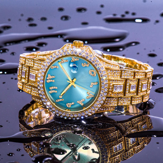 Top Diamond Watch for Men Luxury Hip Hop Blue Dial Arabic Numerals Watches Unique Bling Ice Out Luminous Waterproof Clock