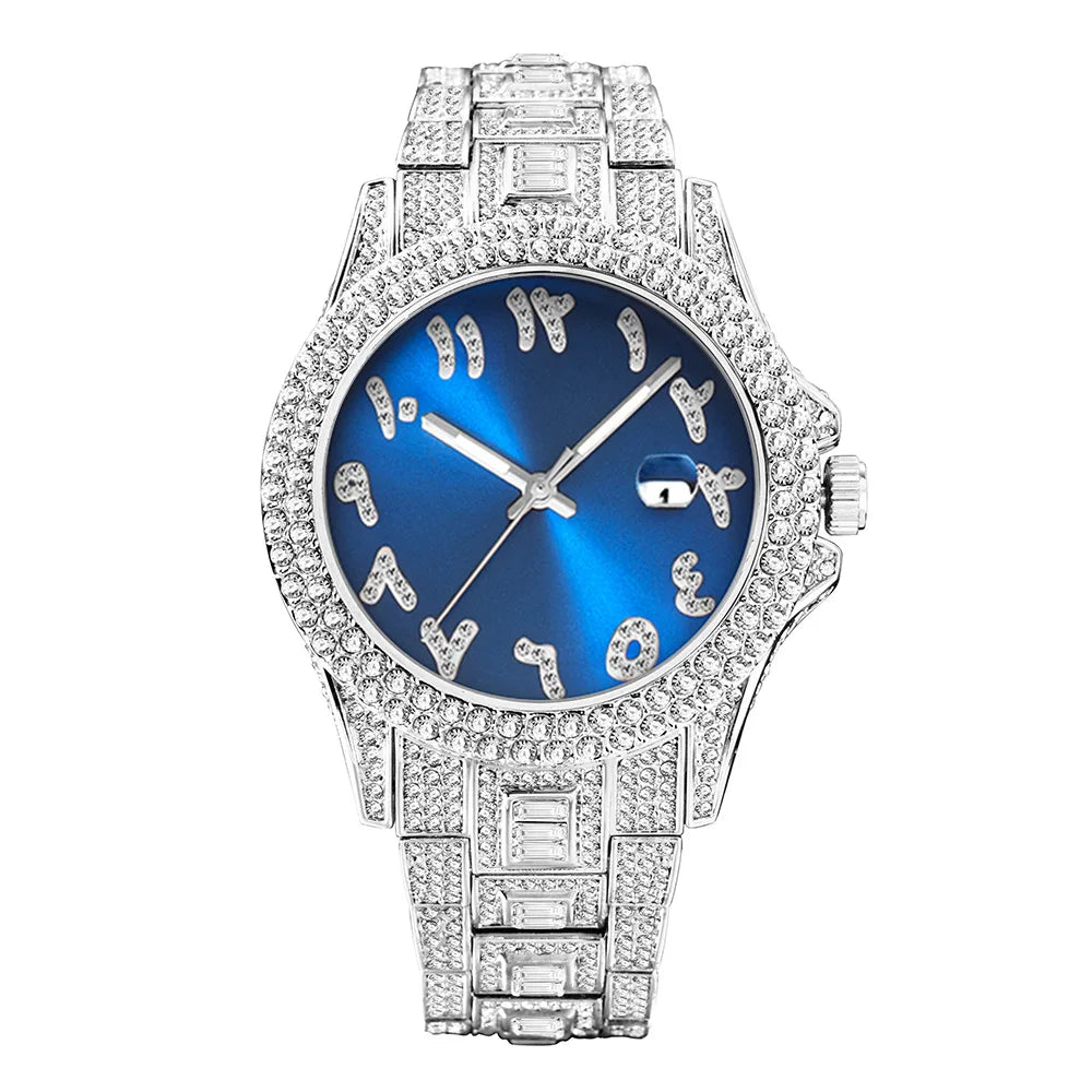 Top Diamond Watch for Men Luxury Hip Hop Blue Dial Arabic Numerals Watches Unique Bling Ice Out Luminous Waterproof Clock