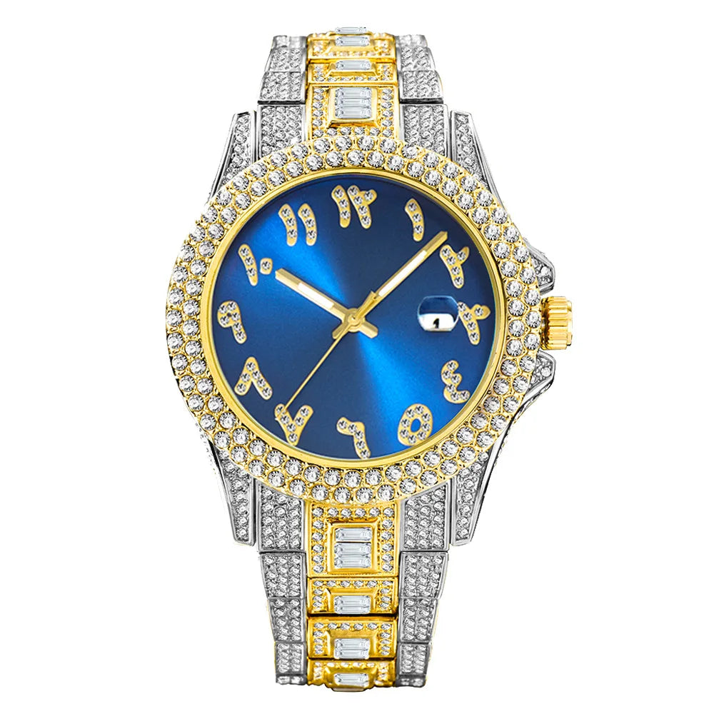 Top Diamond Watch for Men Luxury Hip Hop Blue Dial Arabic Numerals Watches Unique Bling Ice Out Luminous Waterproof Clock