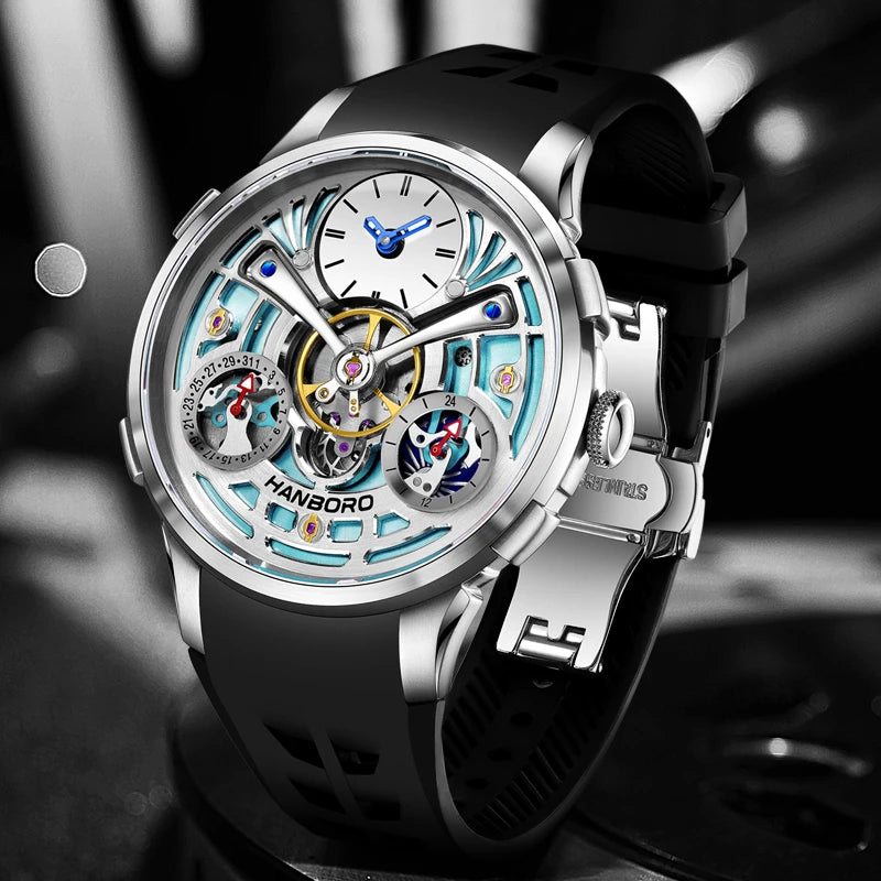 HANBORO King Bee Series Men's Sport Automatic Mechanical Watch Unique Skeleton Flywheel Design Crystal Dial Window Silicone Band