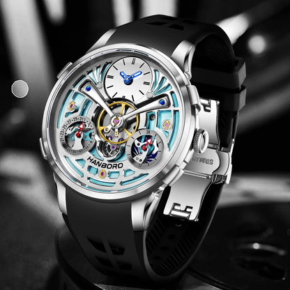 HANBORO King Bee Series Men's Sport Automatic Mechanical Watch Unique Skeleton Flywheel Design Crystal Dial Window Silicone Band