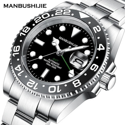 Luxury Men's Mechanical Automatic Watch NH34A GMT 10 ATM Waterproof Luminous Sapphire Steel Strap Analog Dial for Sports Diving