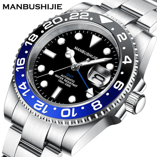 Luxury Men's Mechanical Automatic Watch NH34A GMT 10 ATM Waterproof Luminous Sapphire Steel Strap Analog Dial for Sports Diving