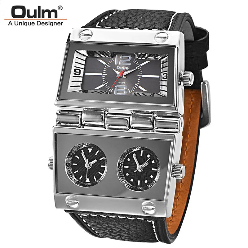 New Men Dual Display Sports Watches Oulm Men Watch Fold Big Size Fashion Outdoor Clock Leather Quartz Watch Relogio Masculino